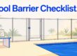 A backyard pool with a safety fence, self-closing gate, and inspection checklist.