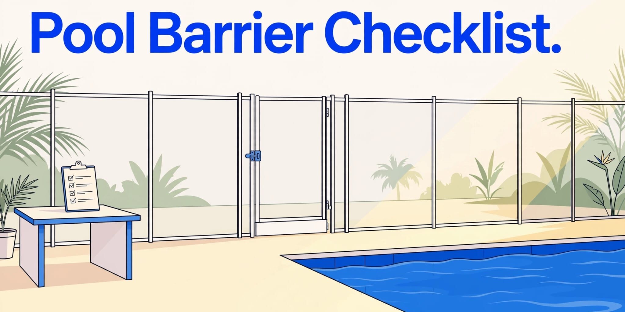 Pool Barrier Checklist A backyard pool with a safety fence, self-closing gate, and inspection checklist.
