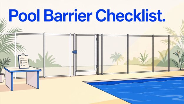 Pool Barrier Checklist A backyard pool with a safety fence, self-closing gate, and inspection checklist.