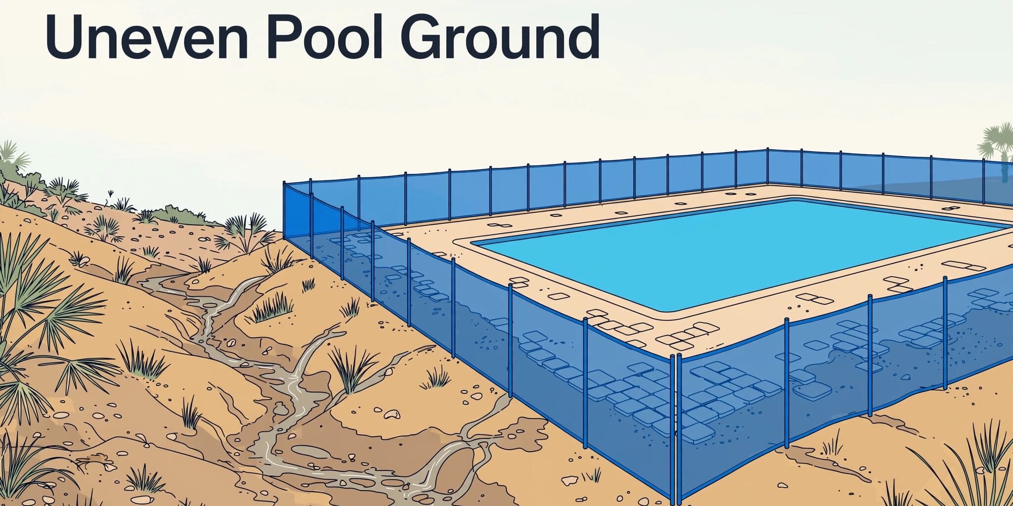 Uneven Pool Safety Fence Blue mesh fencing follows uneven ground beside a turquoise pool.