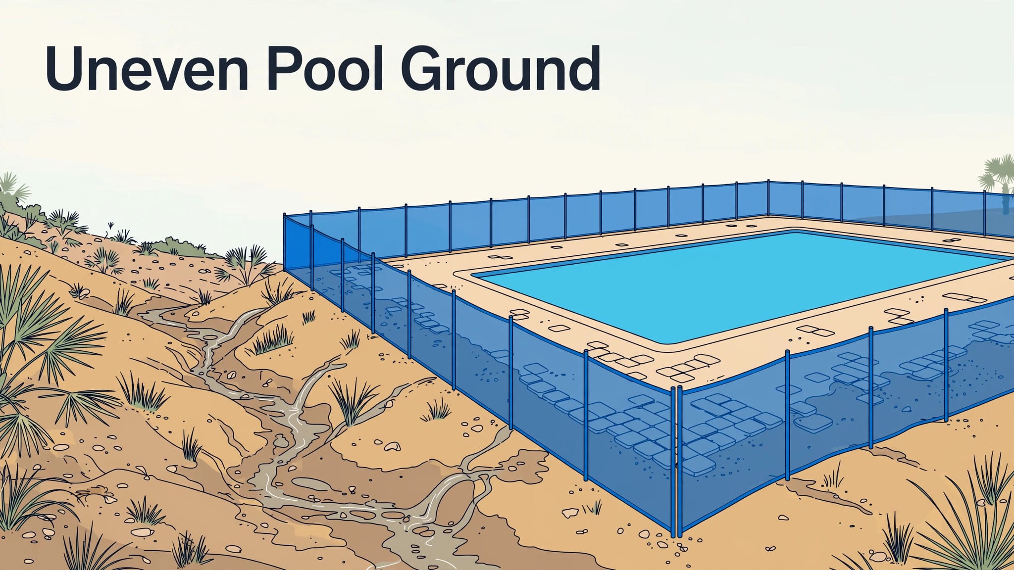 Blue mesh fencing follows uneven ground beside a turquoise pool.