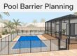 Blue pool with a mesh safety fence, gate, and screened lanai.