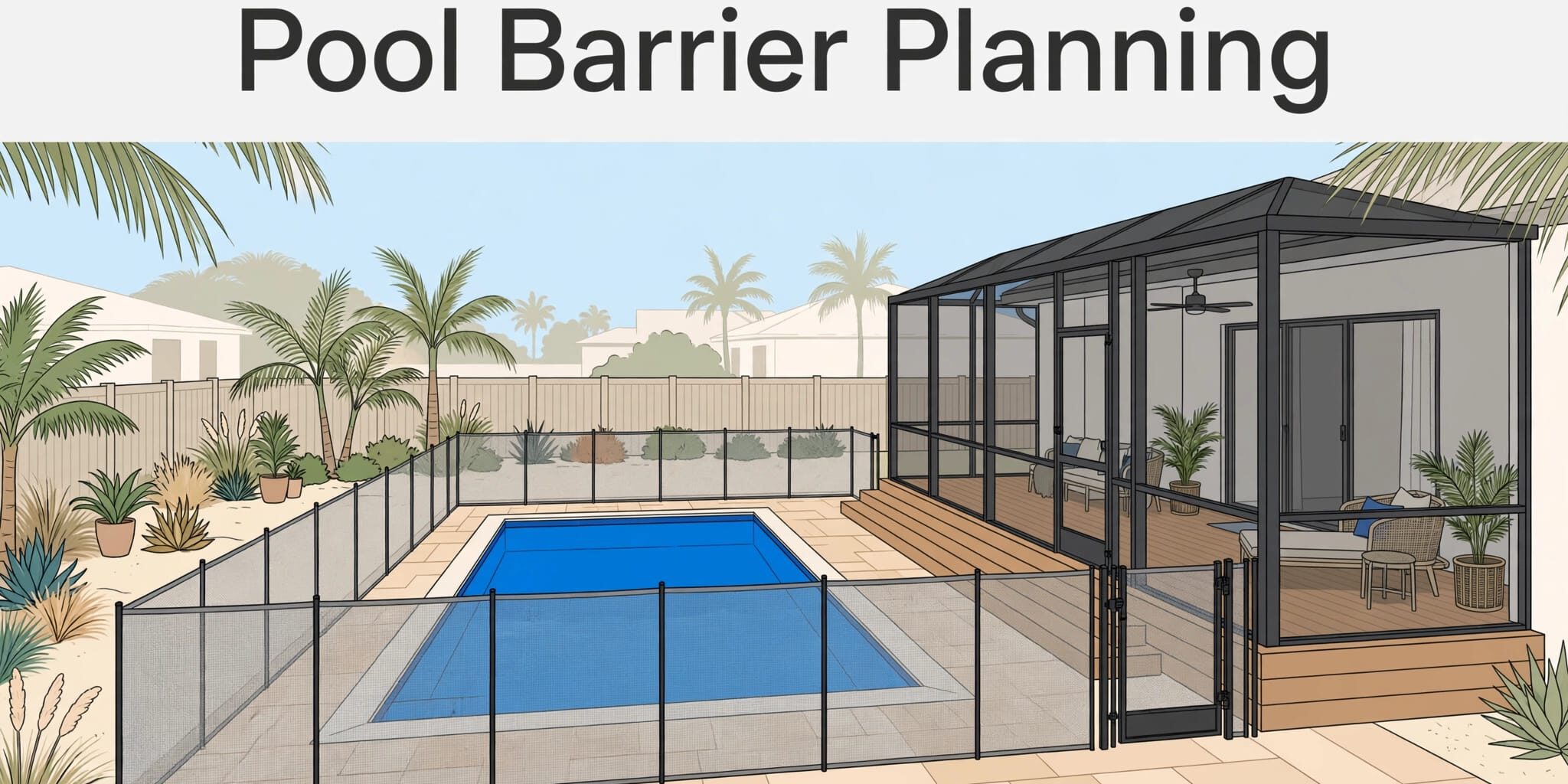 Southwest Florida Pool Barrier Blue pool with a mesh safety fence, gate, and screened lanai.