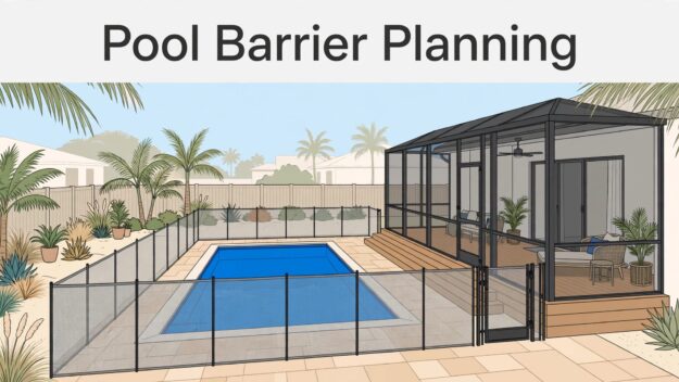 Southwest Florida Pool Barrier Blue pool with a mesh safety fence, gate, and screened lanai.