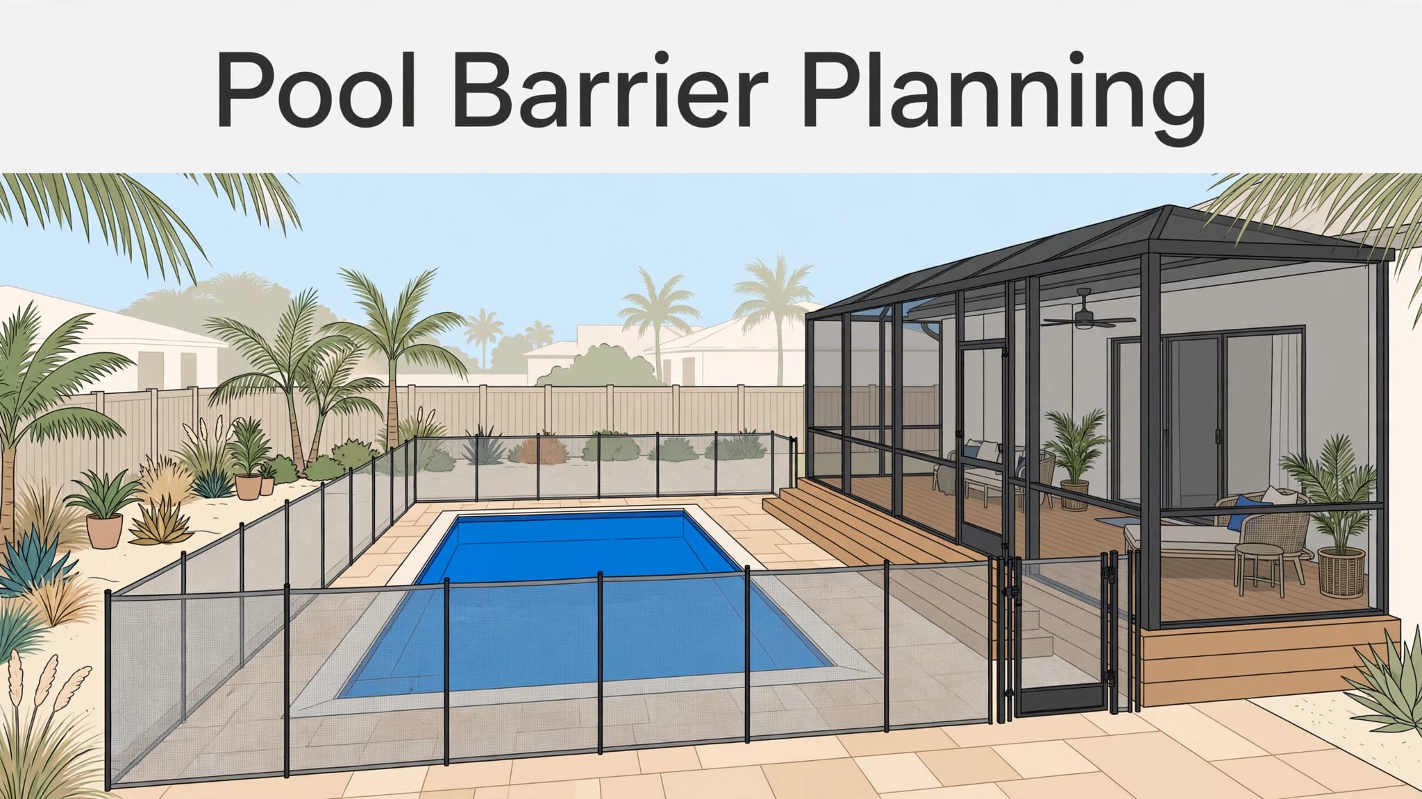 Southwest Florida Pool Barrier Blue pool with a mesh safety fence, gate, and screened lanai.