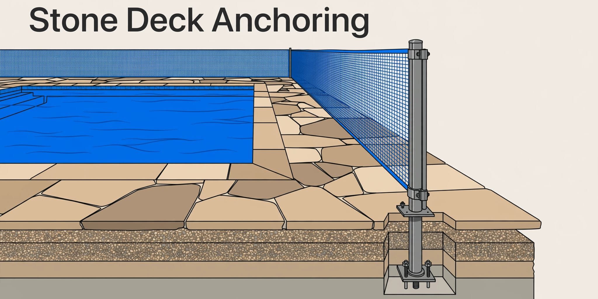 Stone Deck Pool Fence Blue pool fencing surrounds a stone deck, with one post secured through the surface.