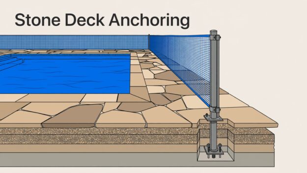 Stone Deck Pool Fence Blue pool fencing surrounds a stone deck, with one post secured through the surface.