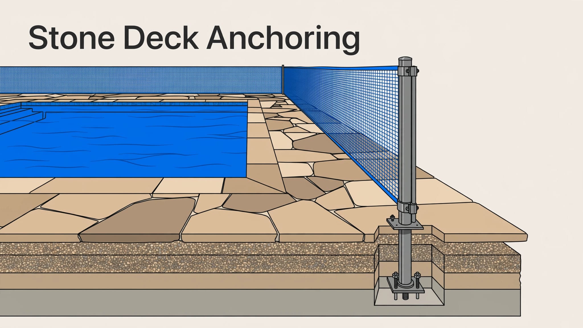Stone Deck Pool Fence Blue pool fencing surrounds a stone deck, with one post secured through the surface.