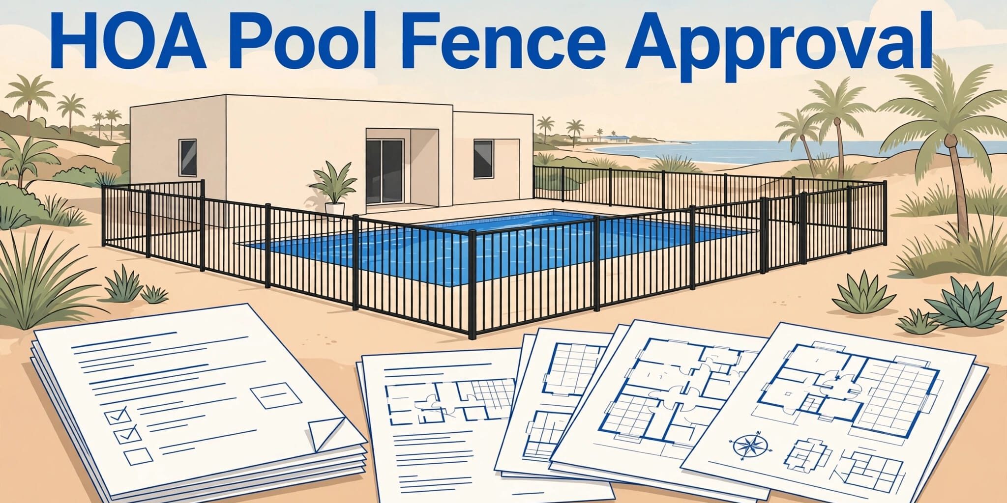 Southwest Florida Pool Fence A fenced backyard pool with house plans and an HOA approval form in front.