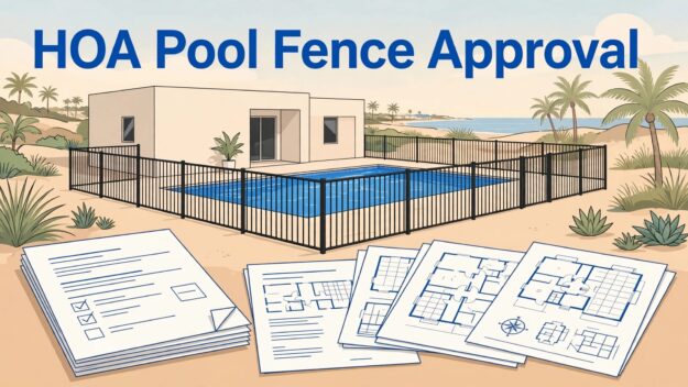 A fenced backyard pool with house plans and an HOA approval form in front.