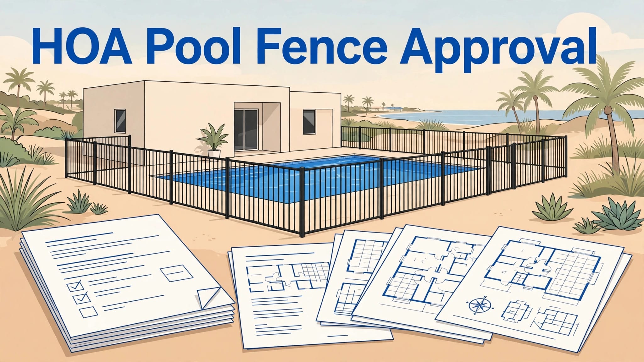 Southwest Florida Pool Fence A fenced backyard pool with house plans and an HOA approval form in front.