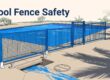 Blue safety fence surrounds a pool beside an open deck drain.