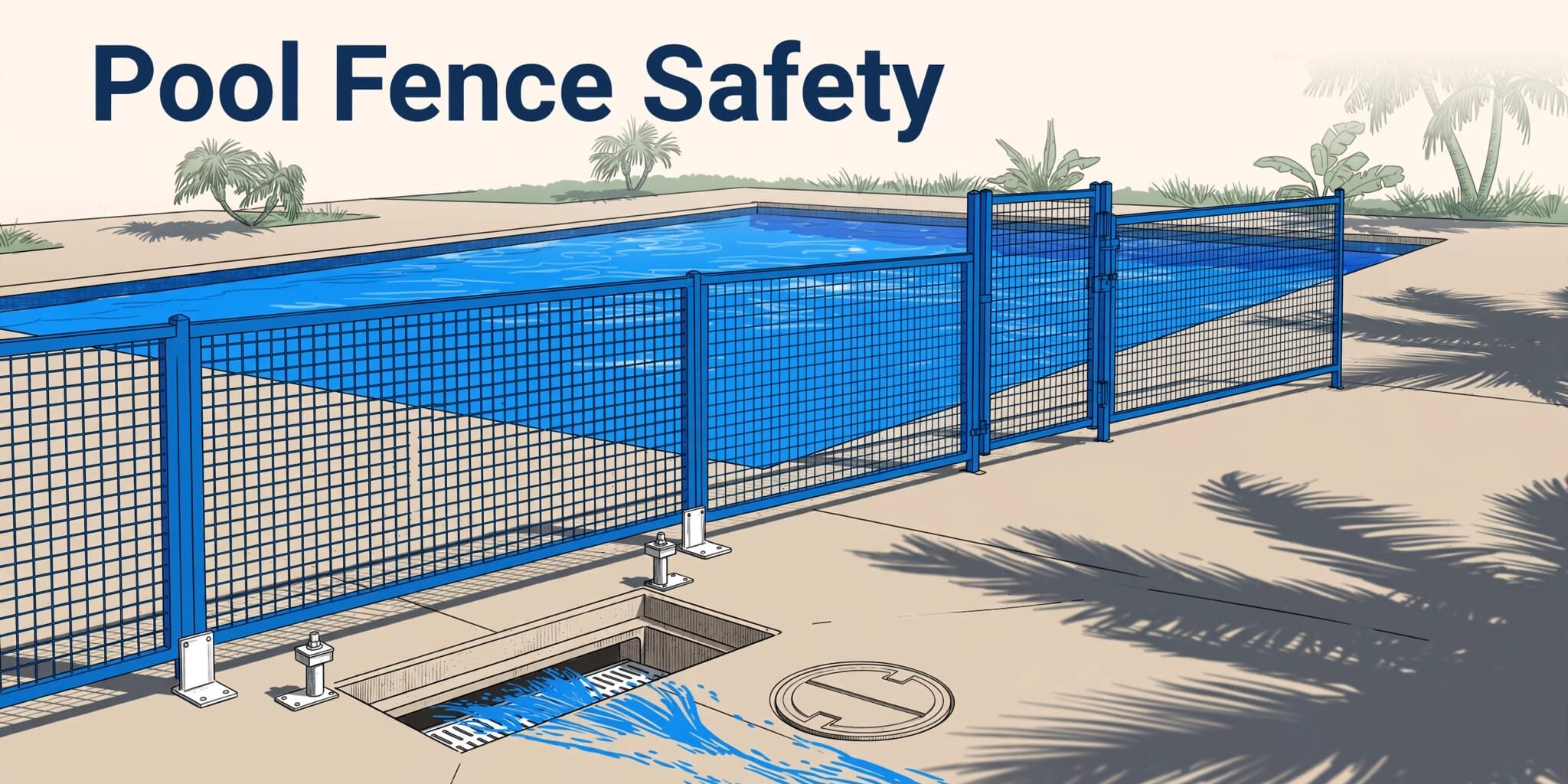 Blue safety fence surrounds a pool beside an open deck drain.