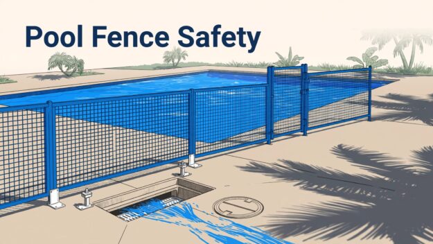 Pool Deck Safety Fence Blue safety fence surrounds a pool beside an open deck drain.