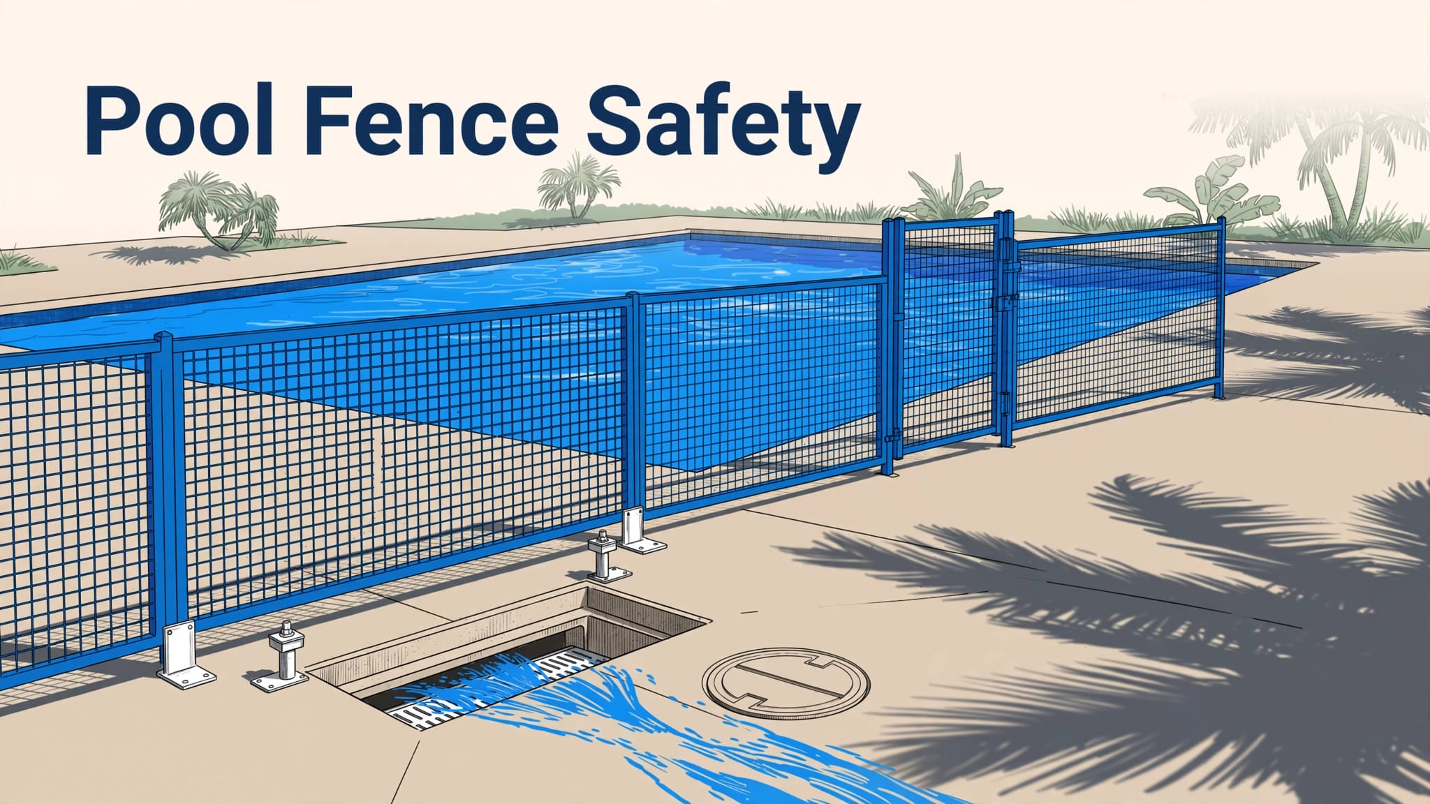 Pool Deck Safety Fence Blue safety fence surrounds a pool beside an open deck drain.