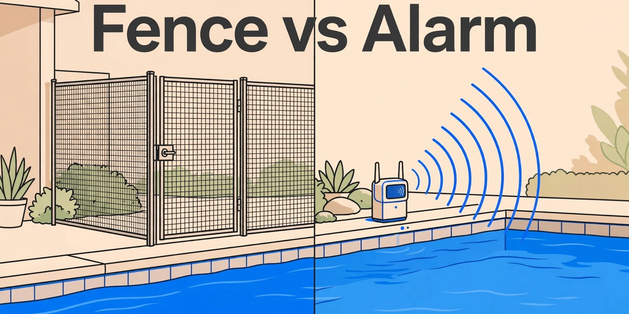 A pool sits between a fenced gate and an alarm sensor, beneath the headline “Fence vs Alarm.”