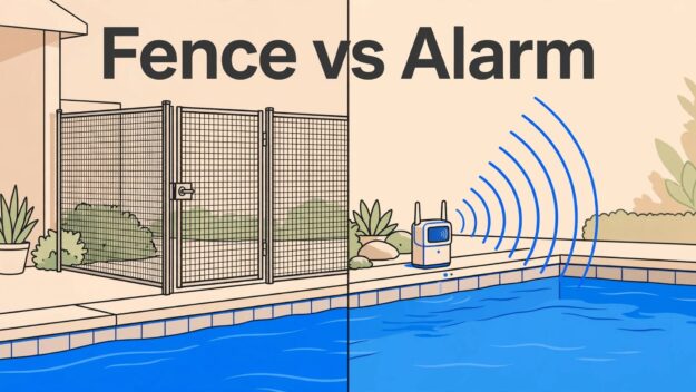 Pool Fence And Alarm A pool sits between a fenced gate and an alarm sensor, beneath the headline “Fence vs Alarm.”