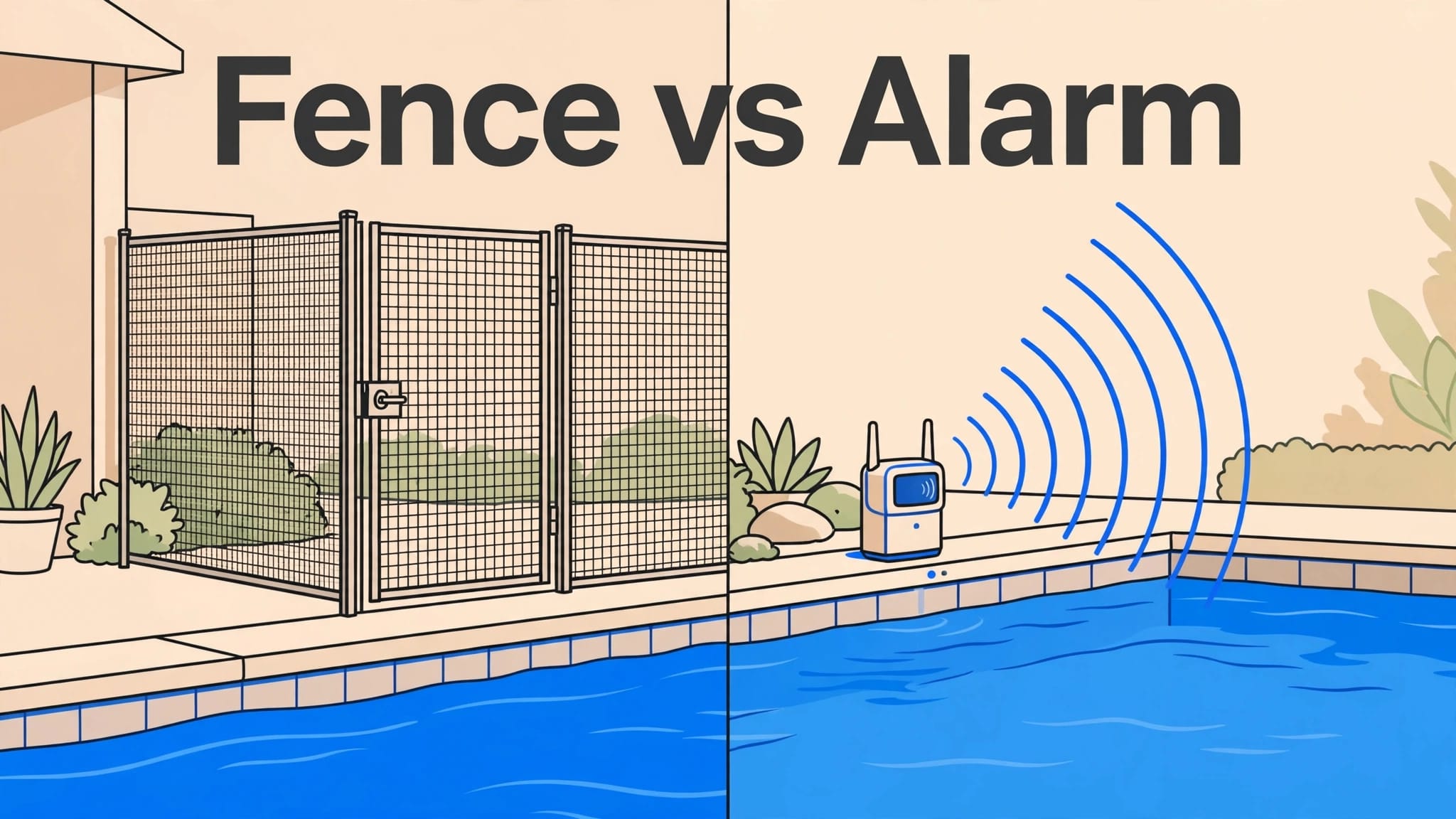 Pool Fence And Alarm A pool sits between a fenced gate and an alarm sensor, beneath the headline “Fence vs Alarm.”
