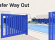 Blue pool gate swinging outward toward a clear patio path.