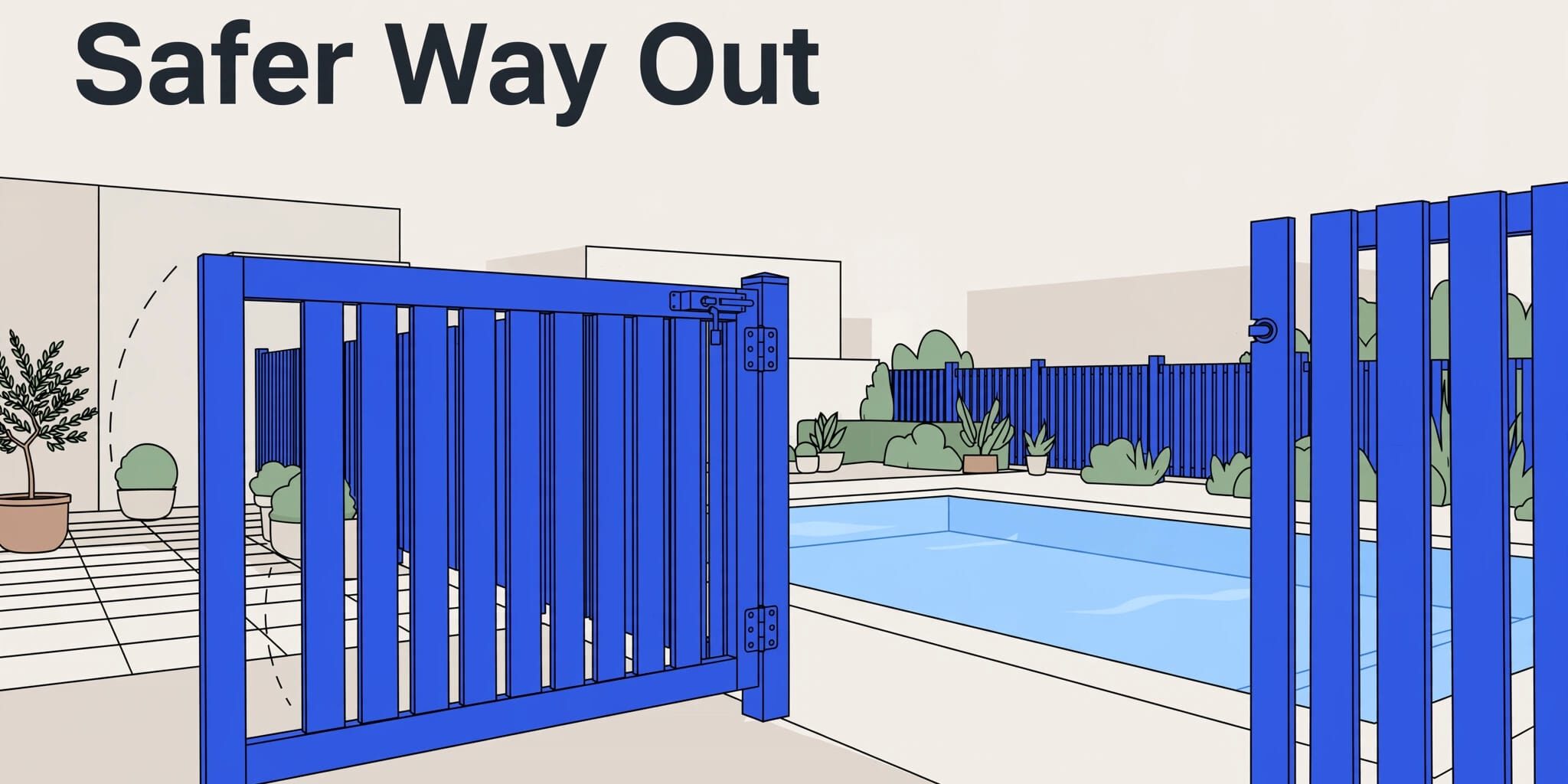 Blue pool gate swinging outward toward a clear patio path.