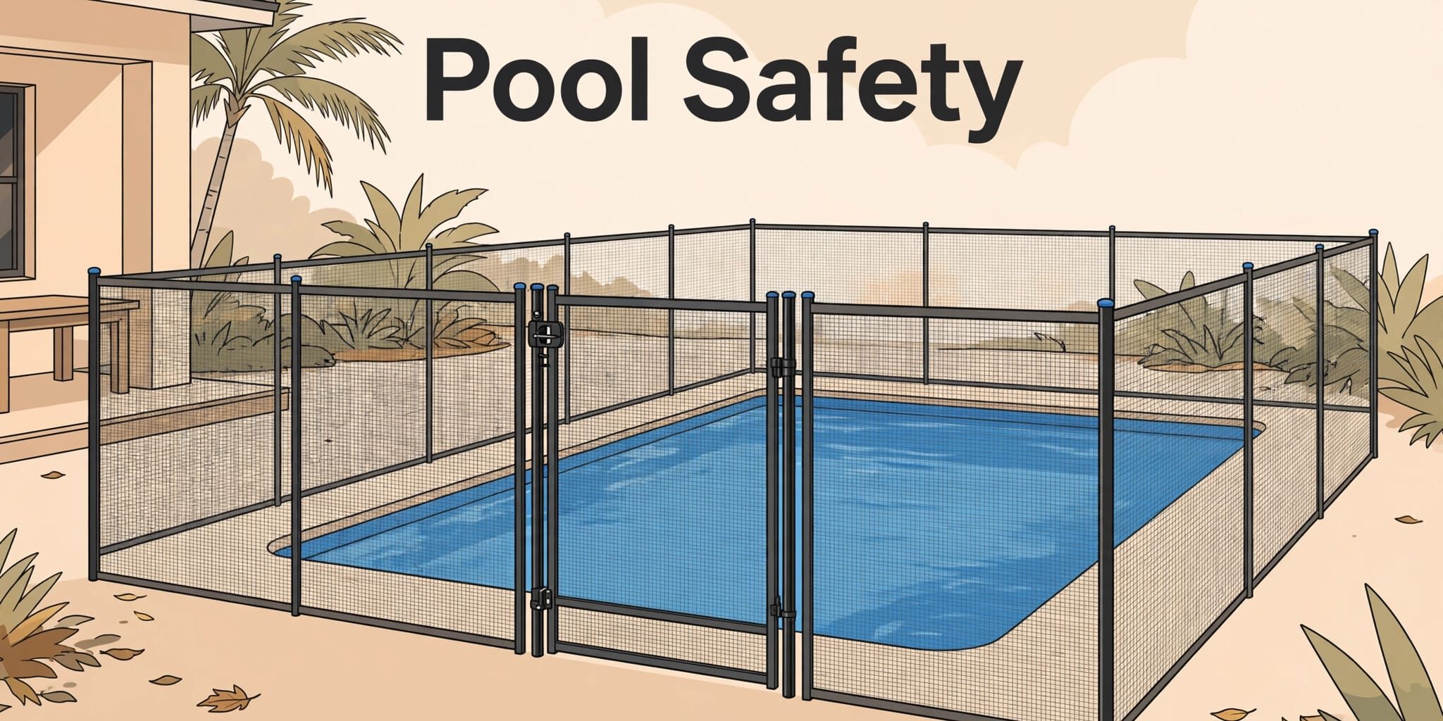 A Florida backyard pool enclosed by a mesh fence with a latched gate.