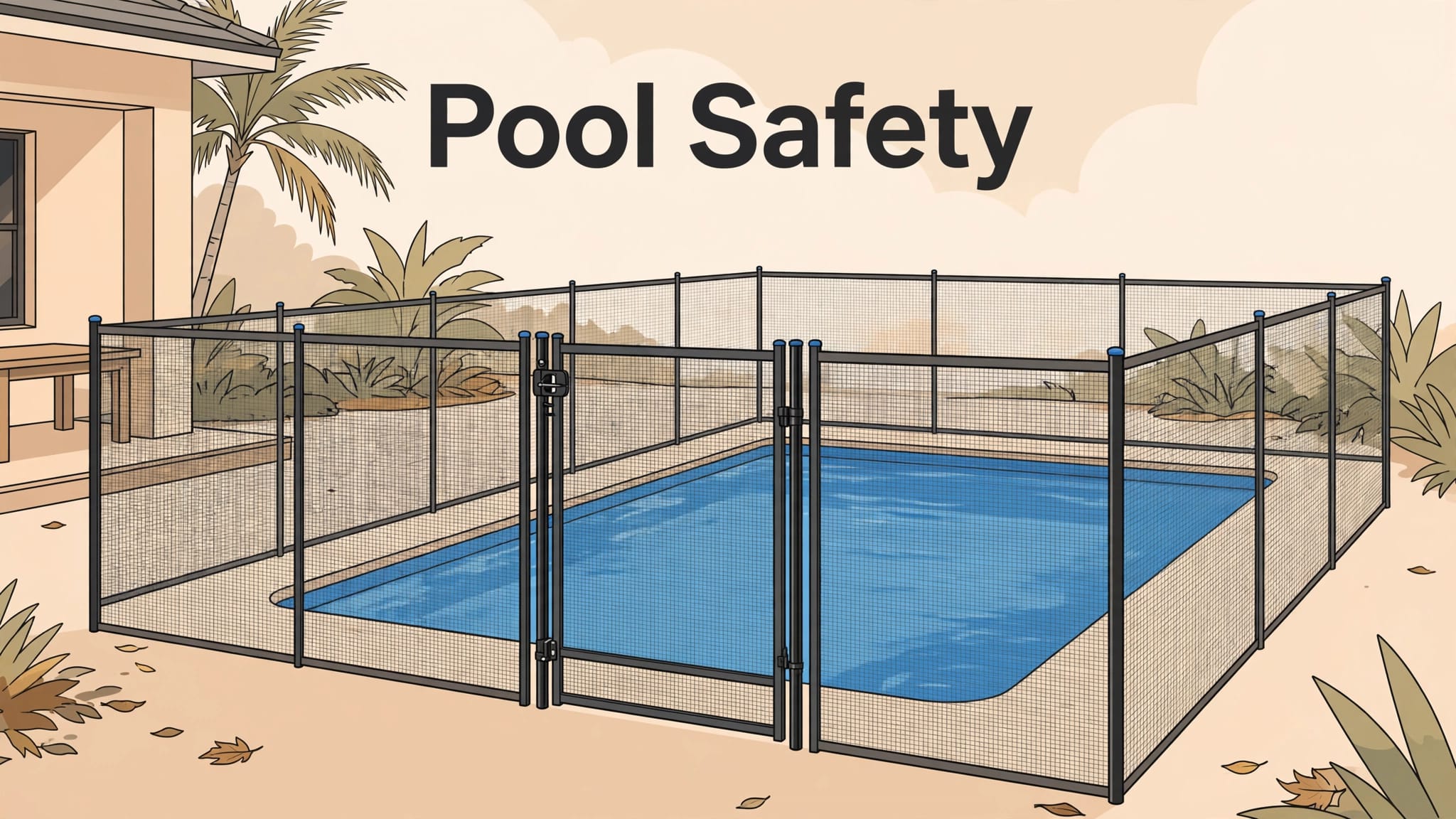 Florida Pool Safety A Florida backyard pool enclosed by a mesh fence with a latched gate.