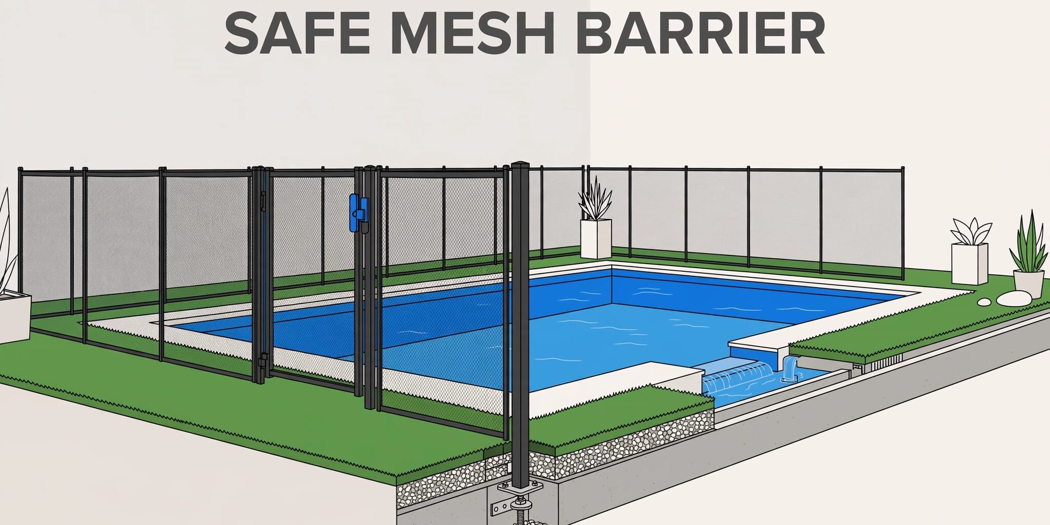 Pool fence on artificial turf with an anchored post and self-closing gate.