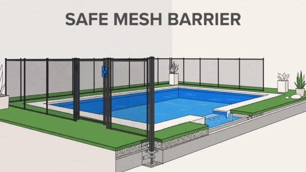 Pool fence on artificial turf with an anchored post and self-closing gate.