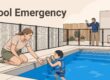 A mother reaches toward a child at a pool while another adult calls for help.