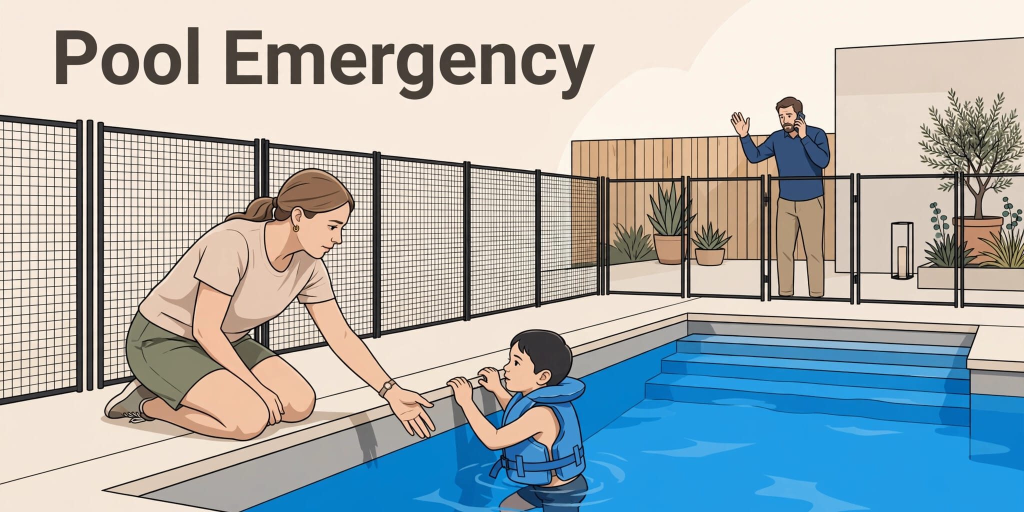 A mother reaches toward a child at a pool while another adult calls for help.