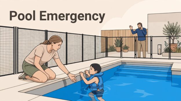 A mother reaches toward a child at a pool while another adult calls for help.