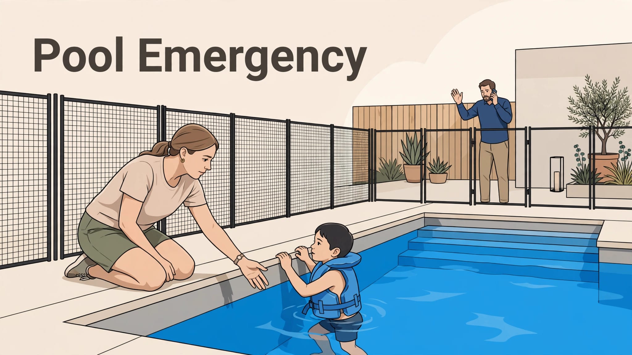 Pool Emergency Safety Scene A mother reaches toward a child at a pool while another adult calls for help.