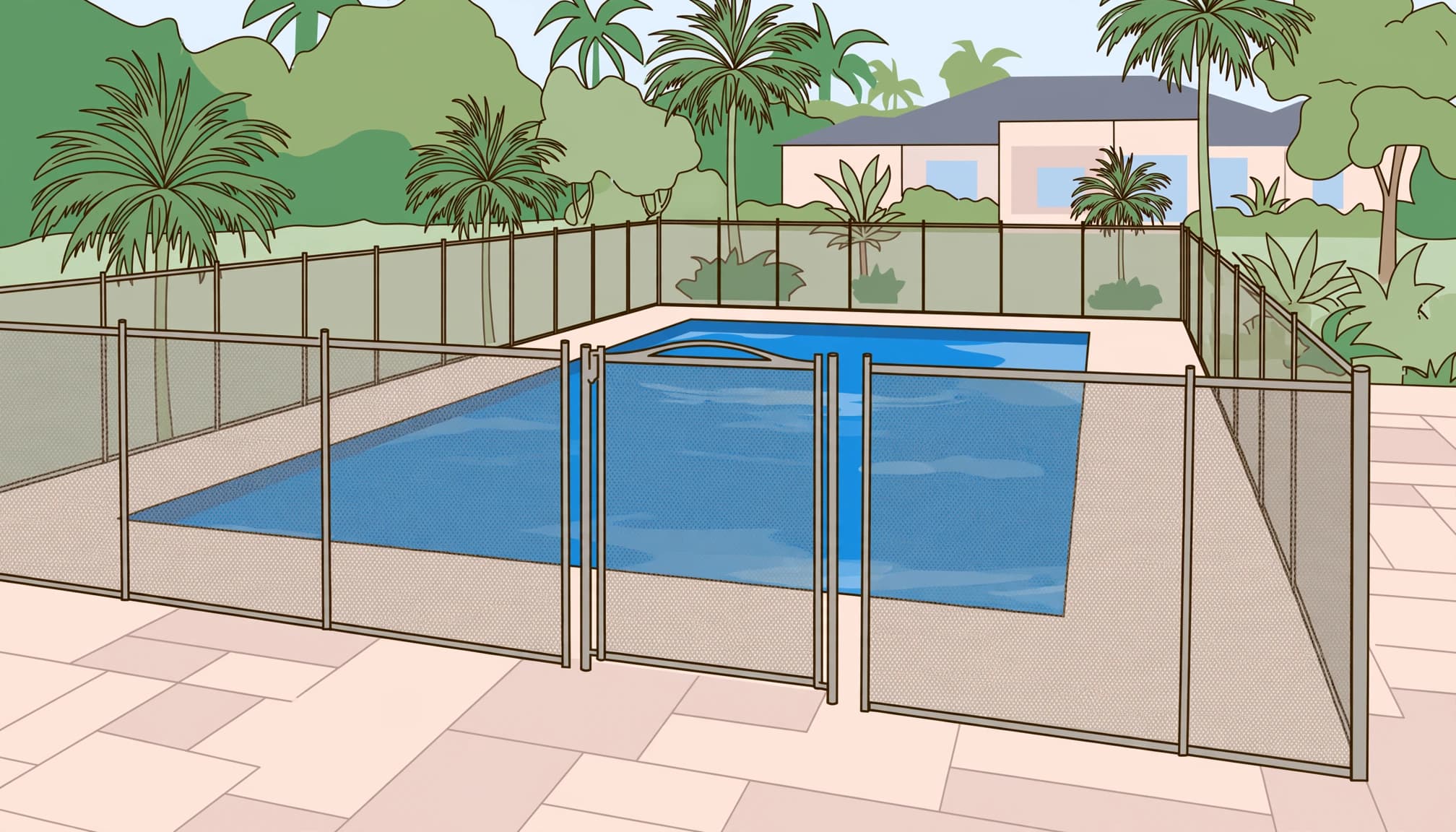 Completed removable pool fence installation with mesh panels and a self-closing gate beside a backyard pool.