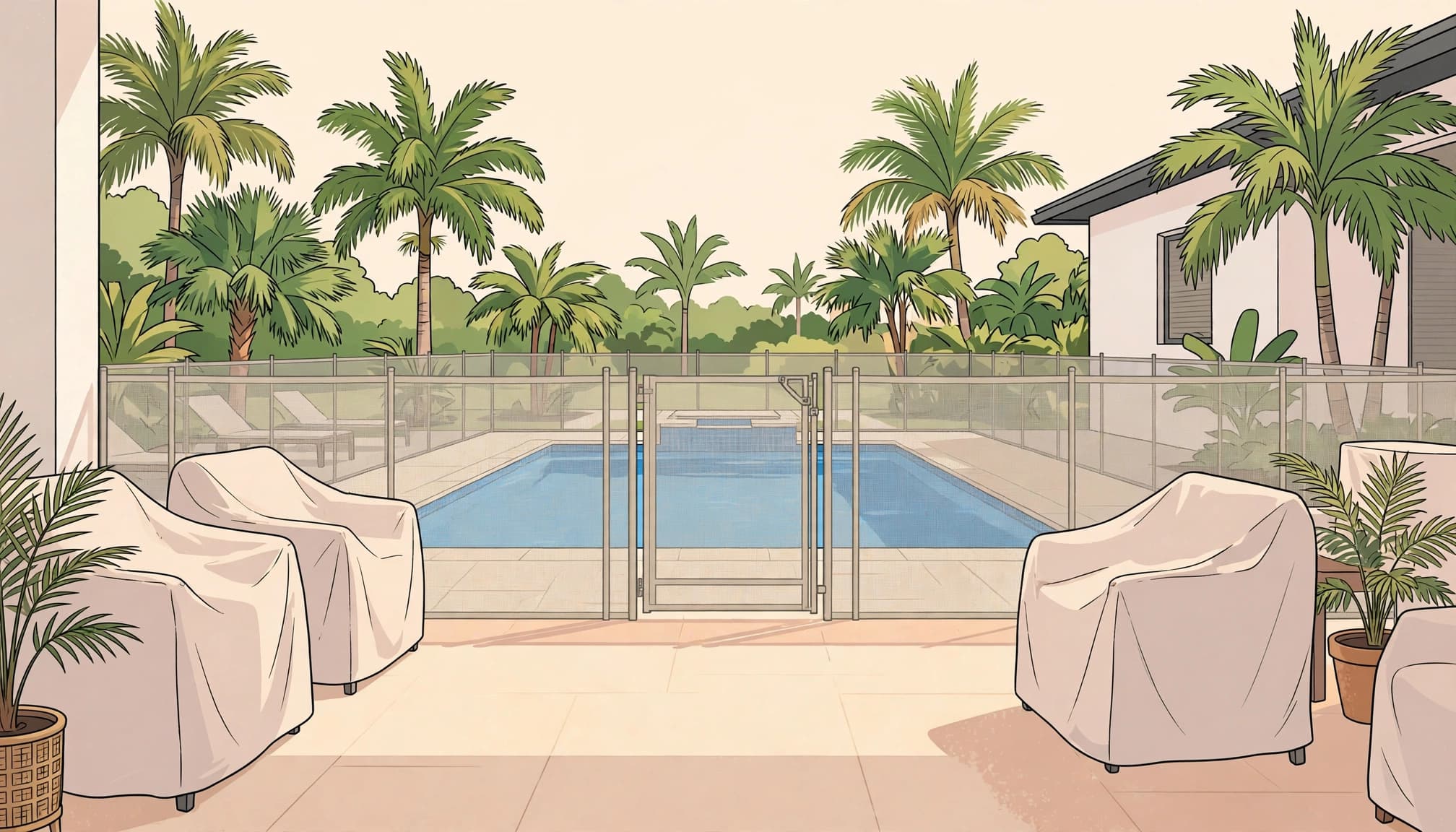 A removable mesh fence and gate support pool safety snowbird homes need while owners are away.