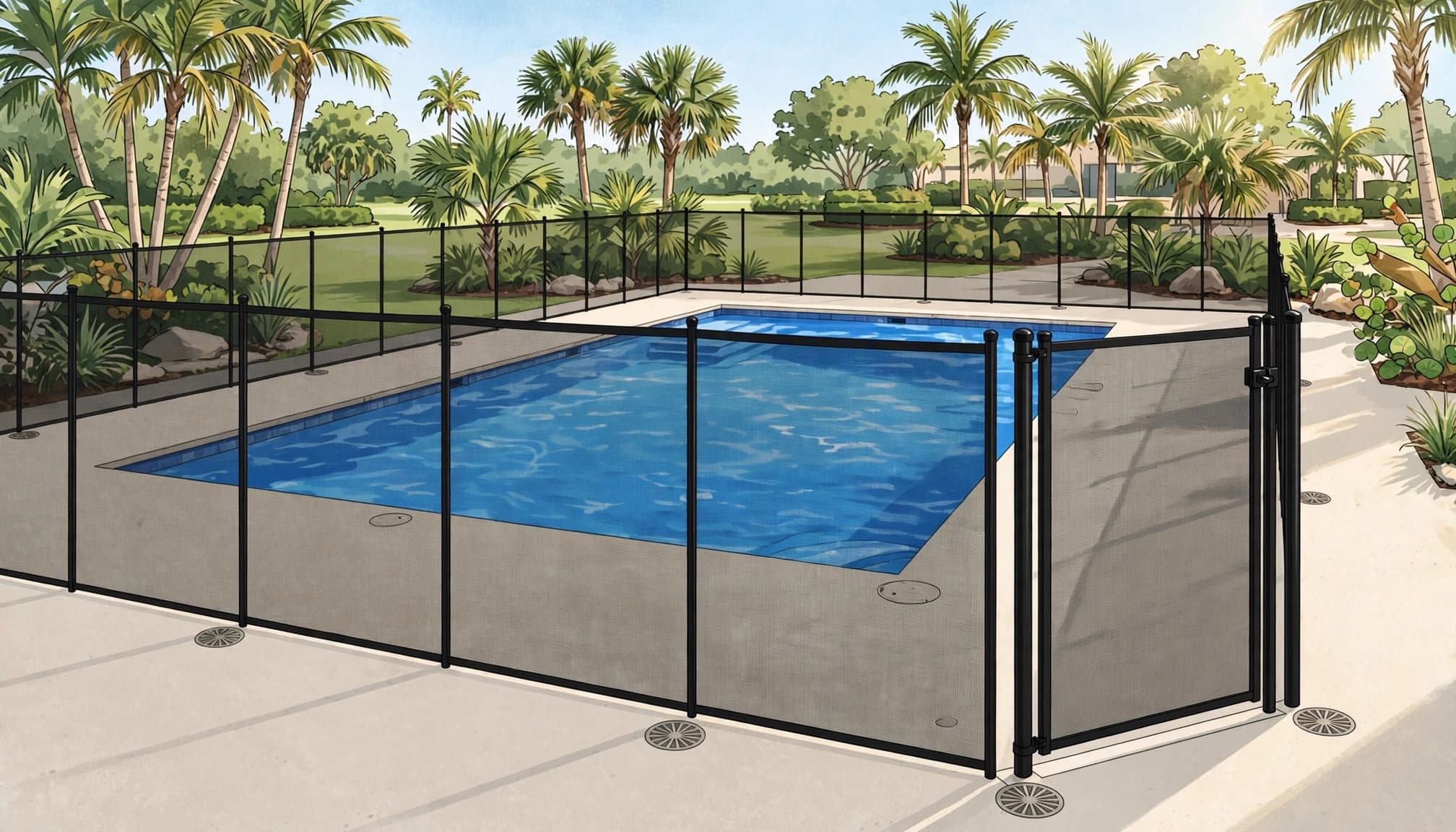 Pool fence installation around a blue mesh fence keeps deck drains clear.