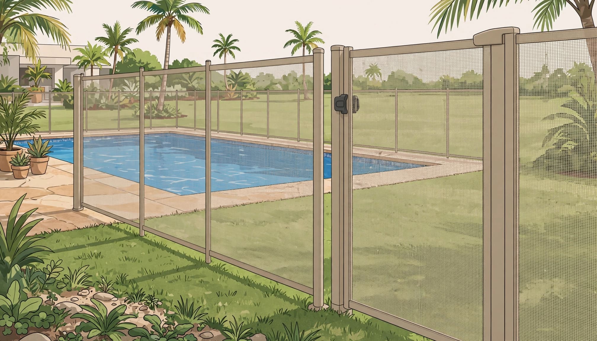 Pool fence vs pool alarm safety setup showing a removable mesh gate beside a backyard pool.
