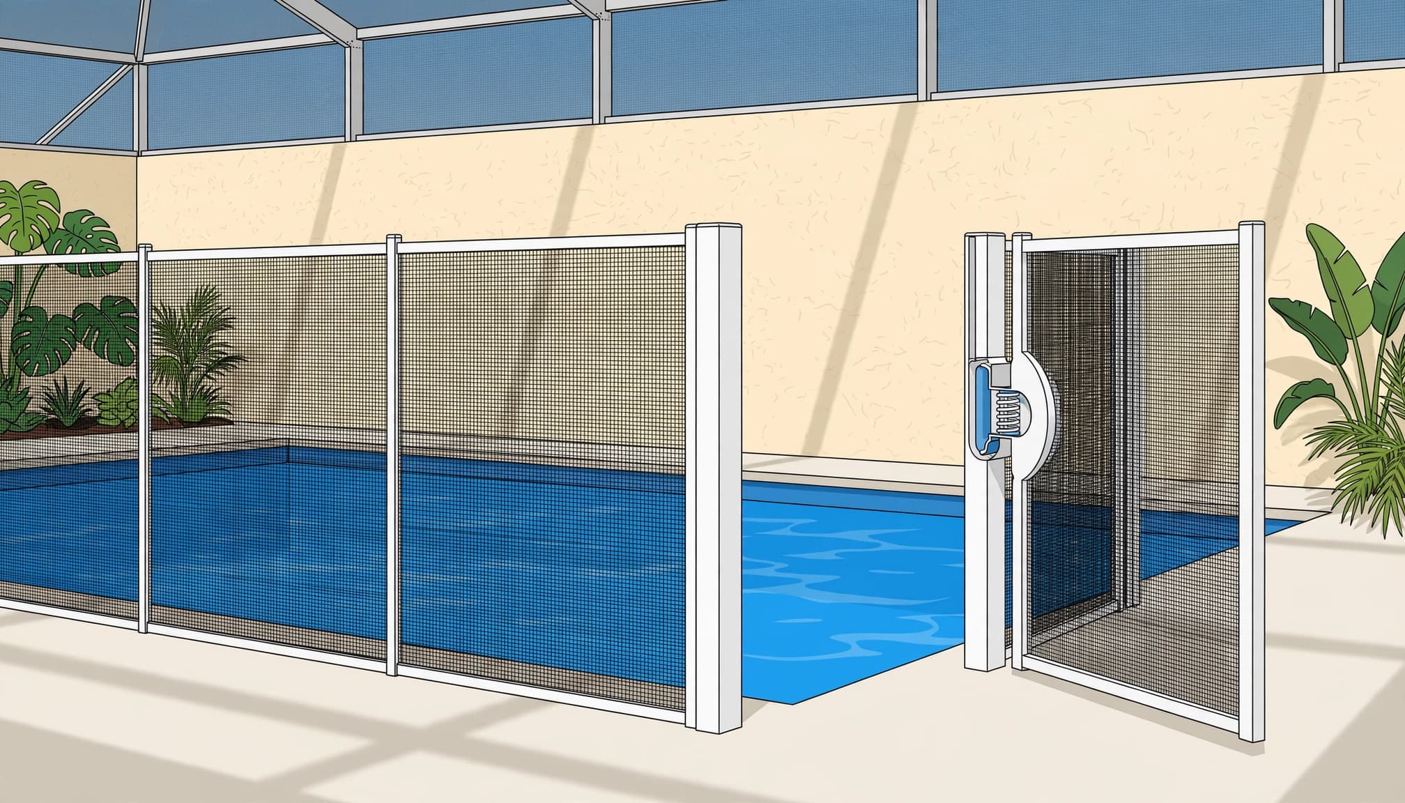 Pool barrier planning with one removable mesh safety gate swinging outward from a residential pool.