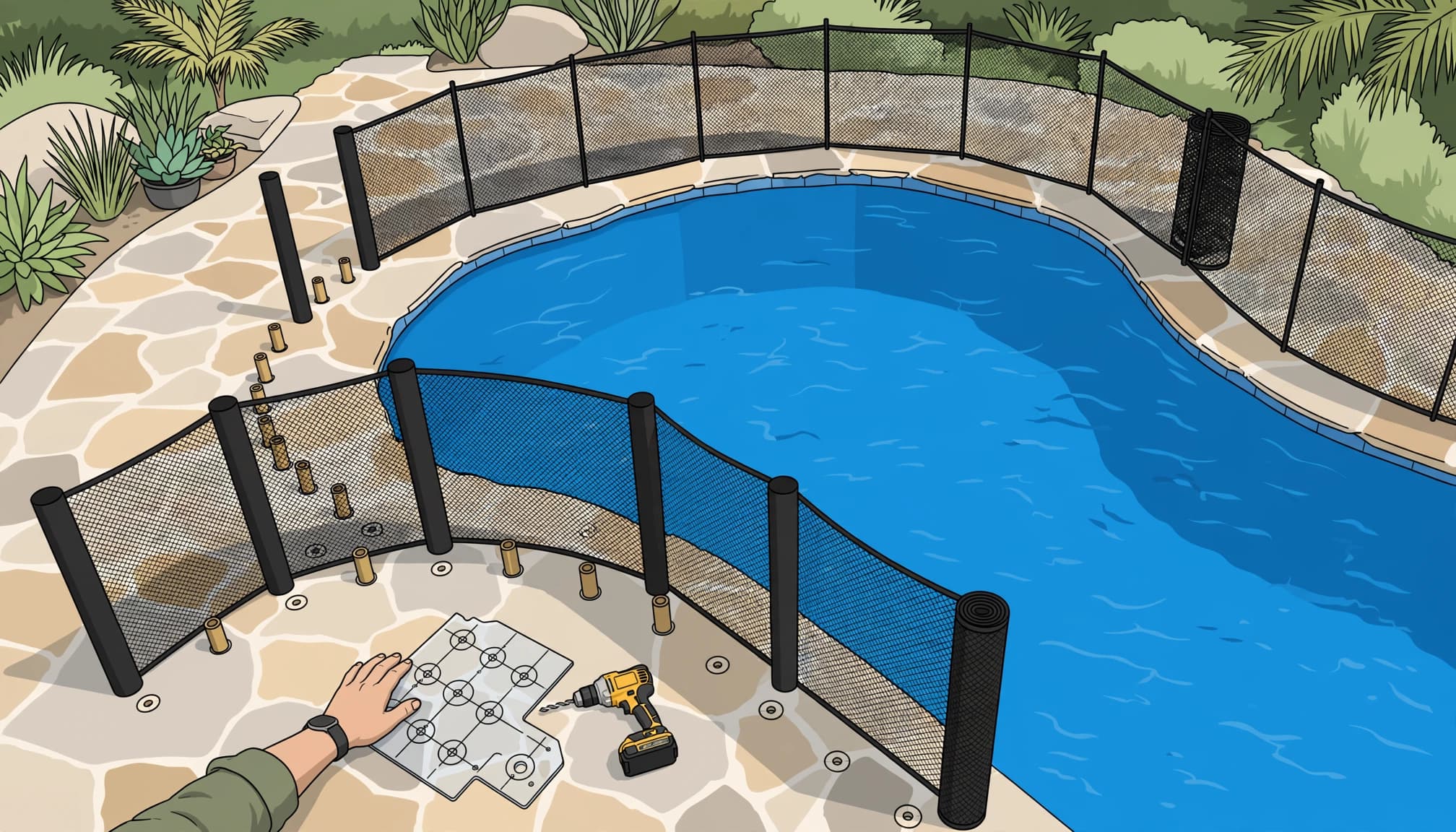 Pool fence anchoring layout on a natural stone deck beside an irregular pool.