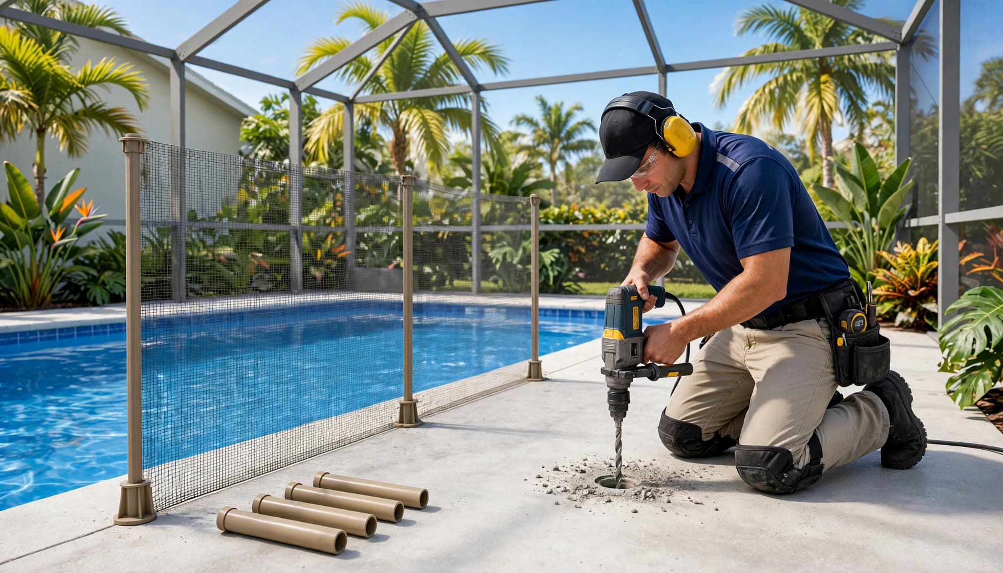 Drilling sleeve openings beside a residential pool.