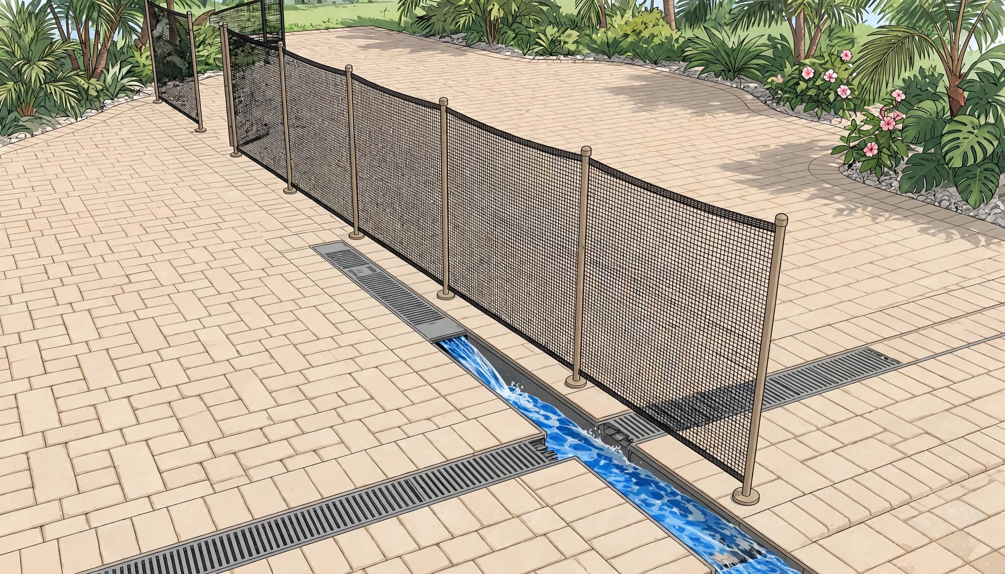 Pool fence installation uses mesh fencing near pavers and an open deck drain.