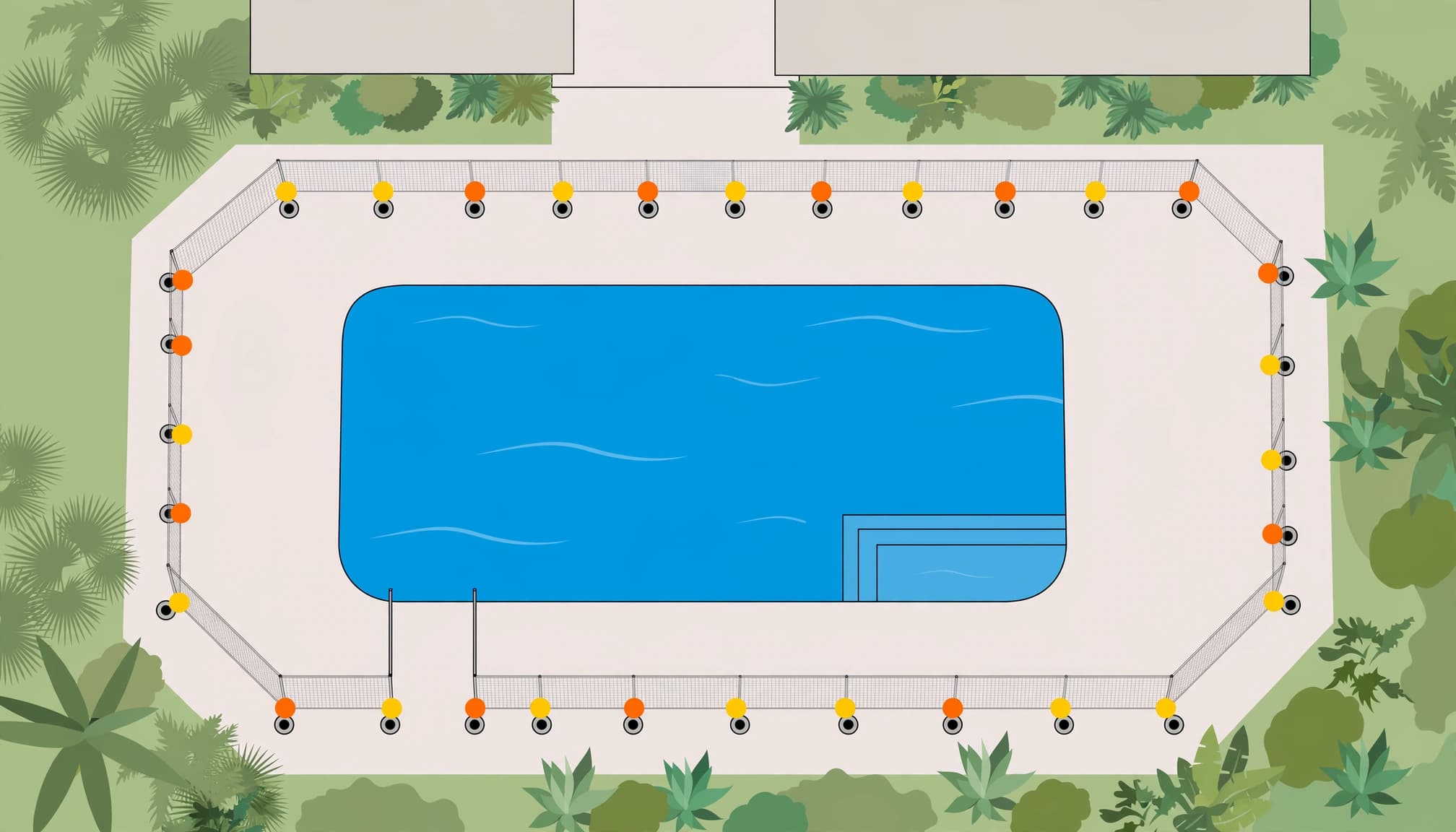 Overhead layout planning for removable pool fence installation around a backyard pool.