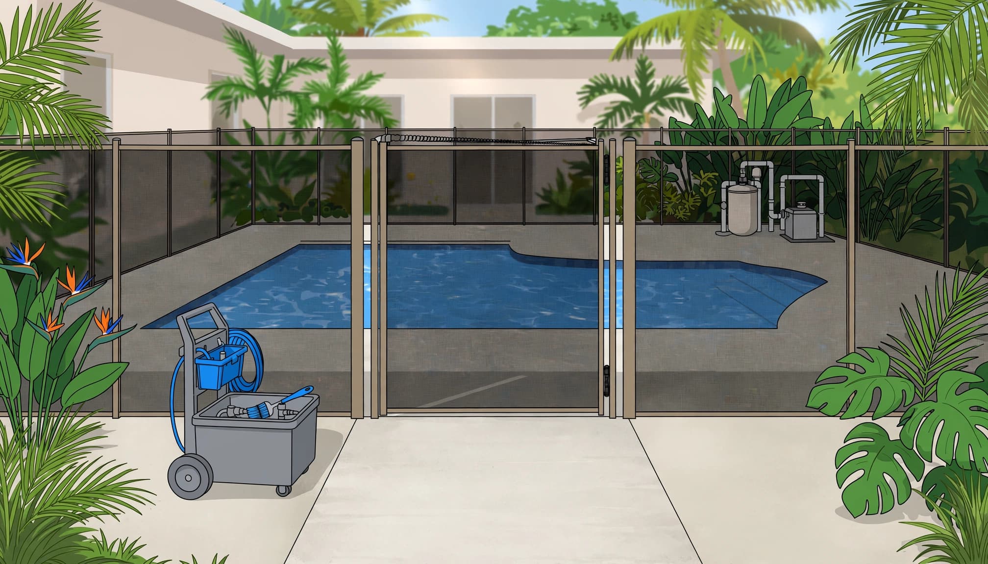 A mesh pool fence gate creates a clear service path beside a residential swimming pool.