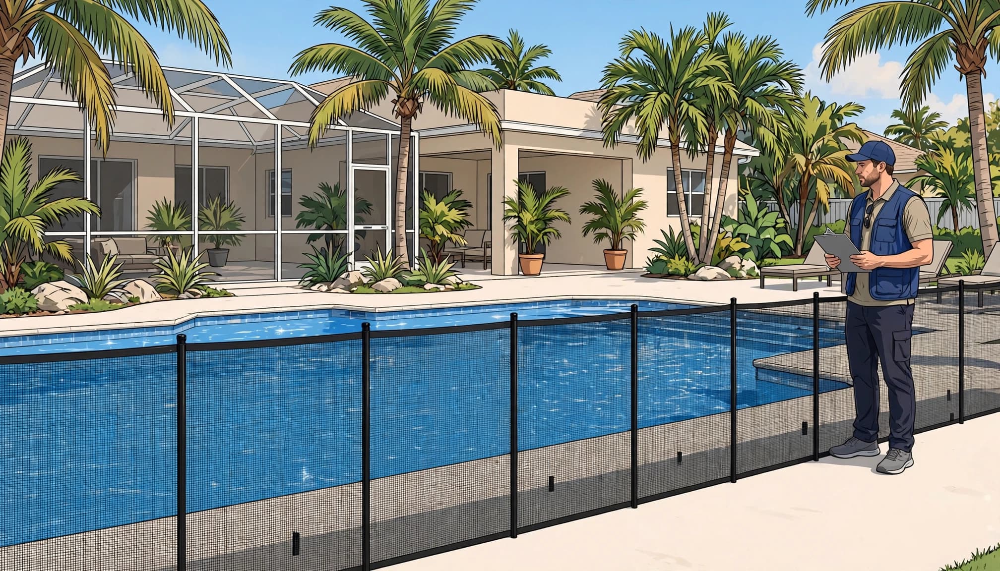 Pool fence assessment of a removable mesh fence beside a sunny Florida pool.