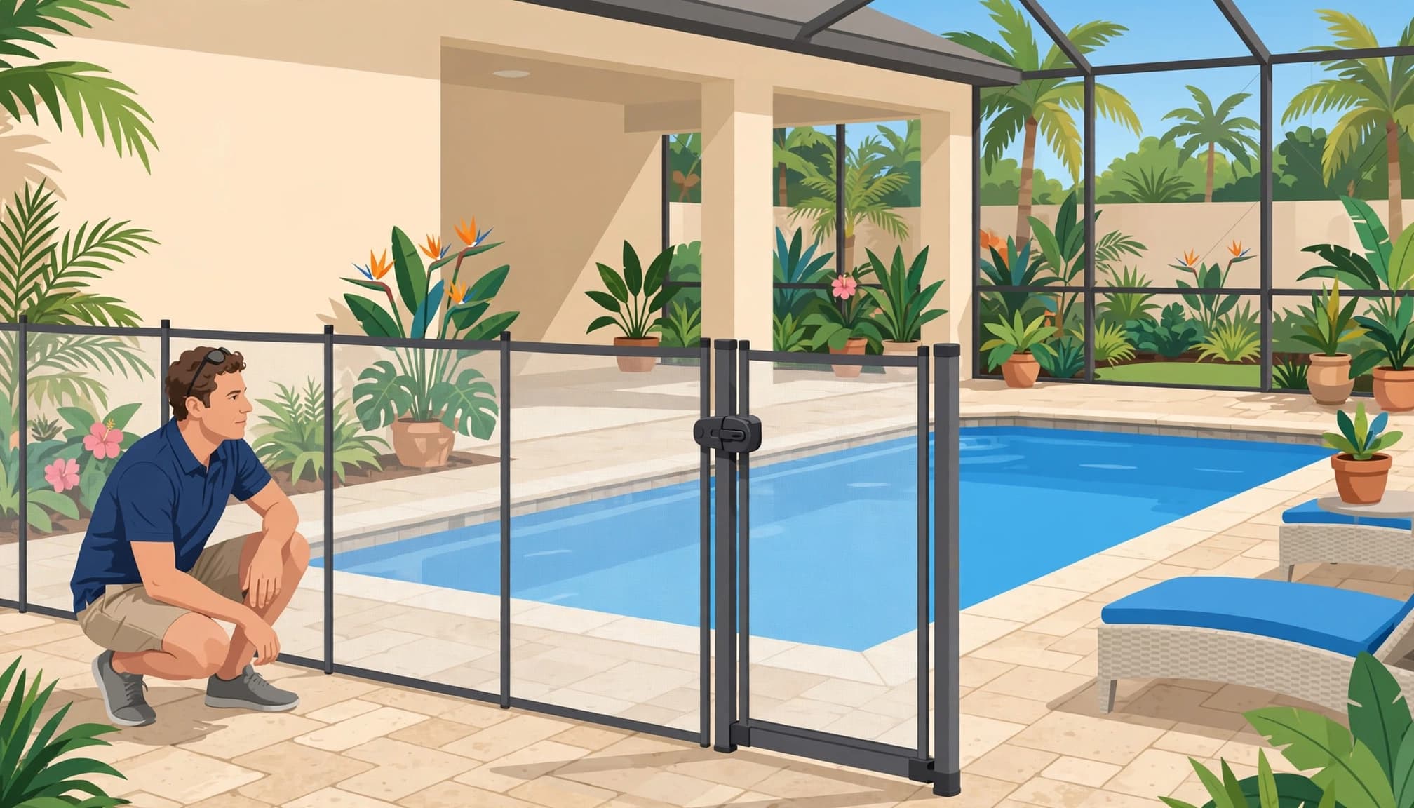 Pool barrier inspection checklist showing a removable mesh fence and self-closing gate beside a Southwest Florida pool.