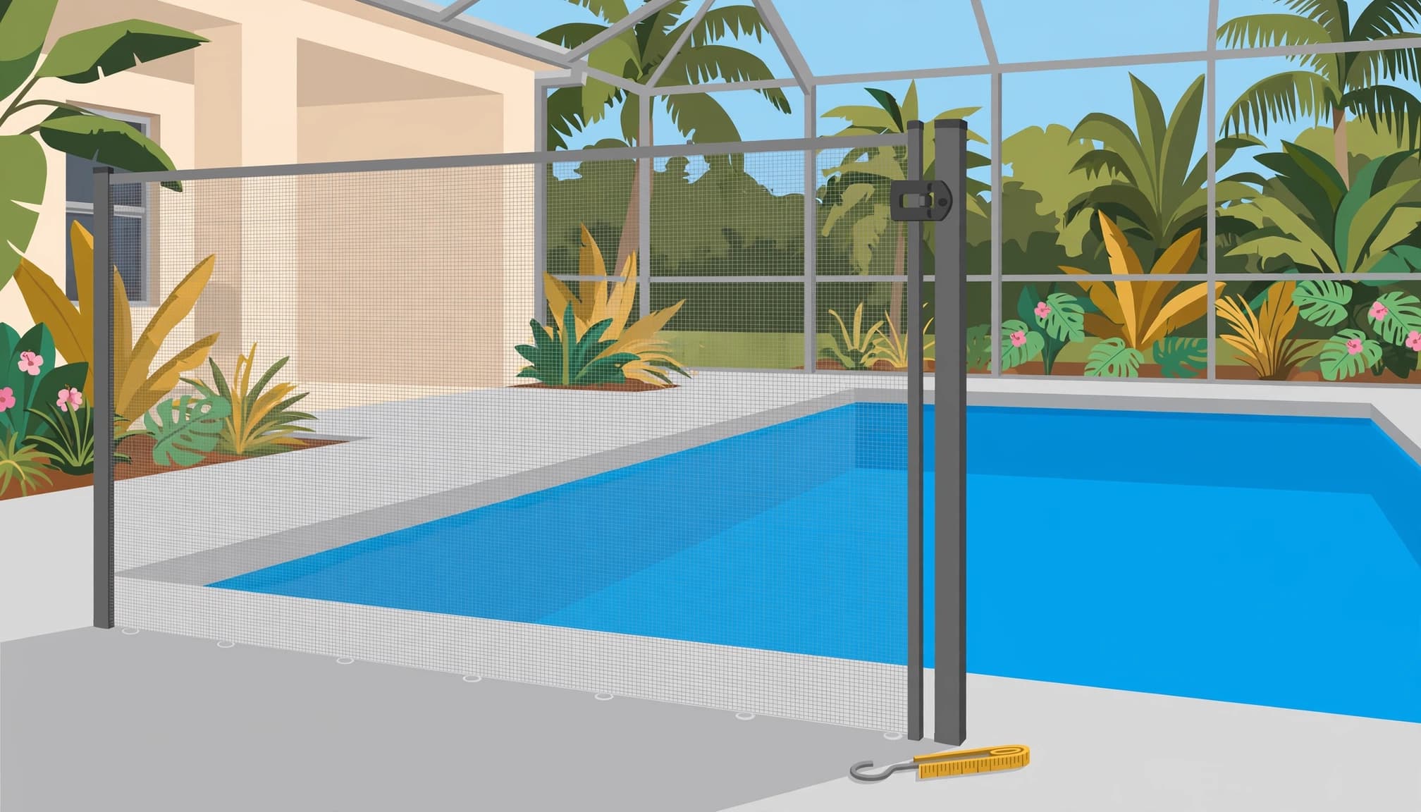Pool barrier inspection checklist showing a removable mesh gate, latch, safe spacing, and measurement points.