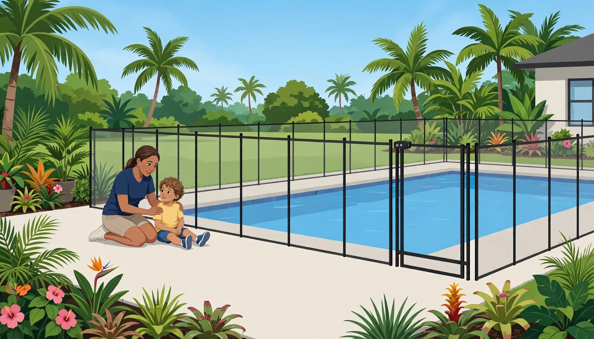 What to do if a child enters pool water, with a caregiver beside a removable mesh pool fence.