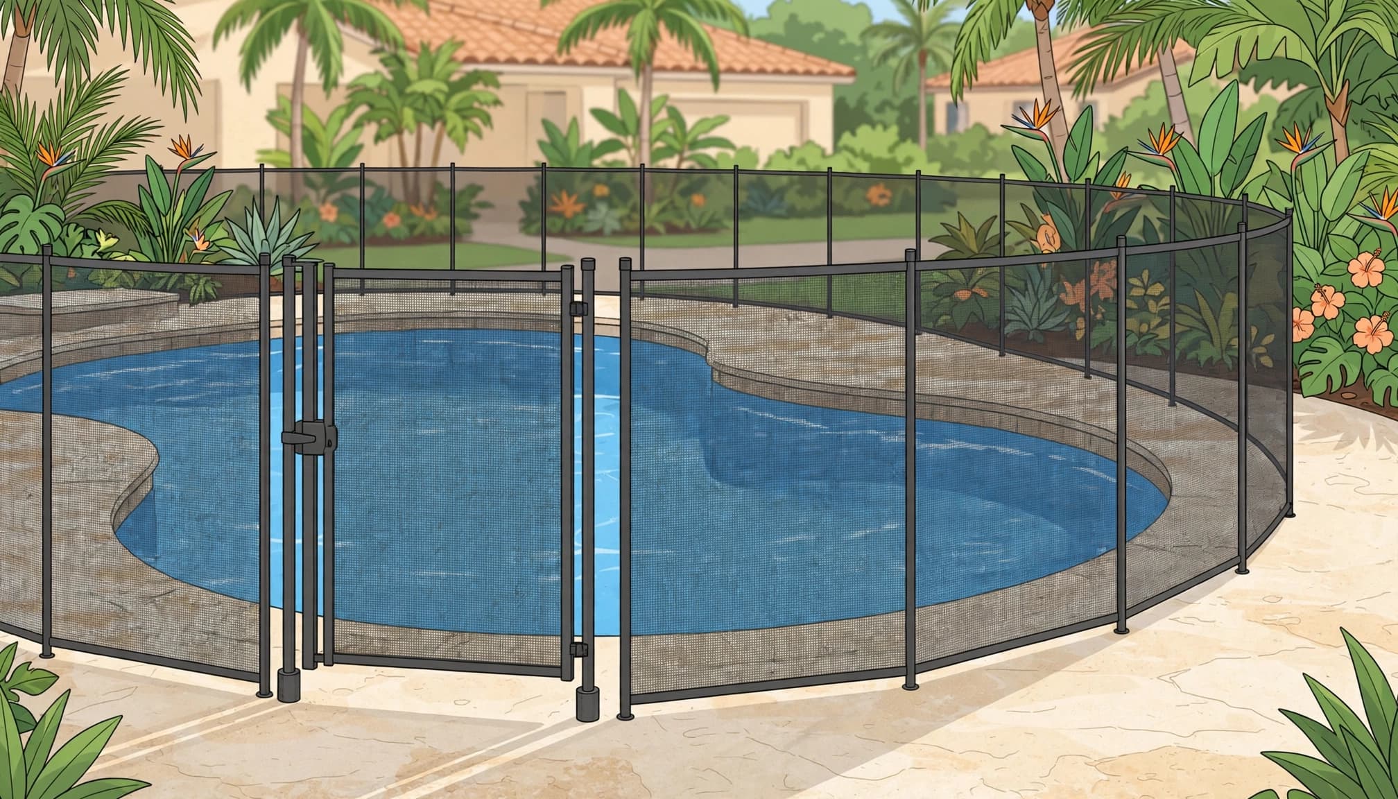 Pool fence anchoring supports a tensioned removable mesh barrier and self-closing gate.
