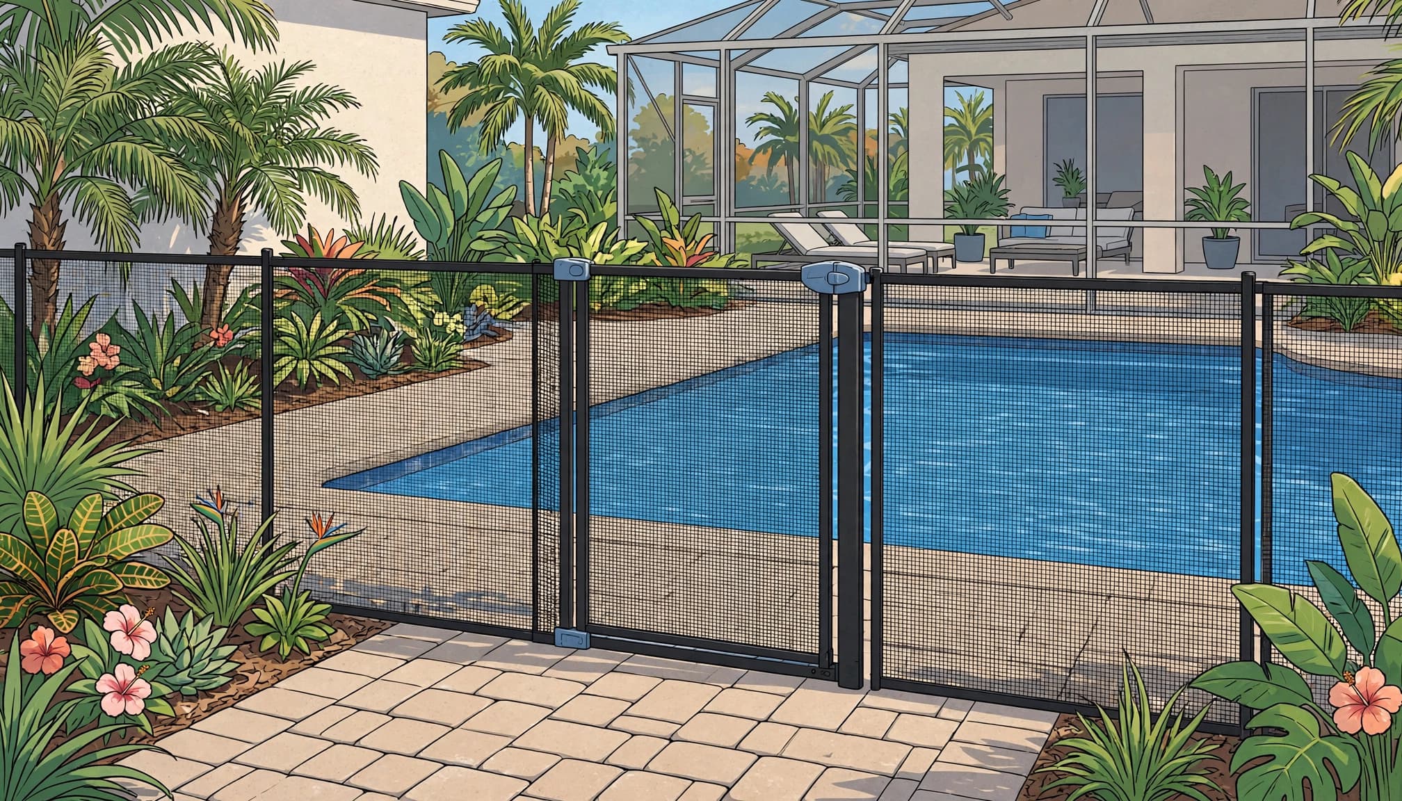 Pool fence assessment showing a closed removable mesh pool gate near a Florida pool.