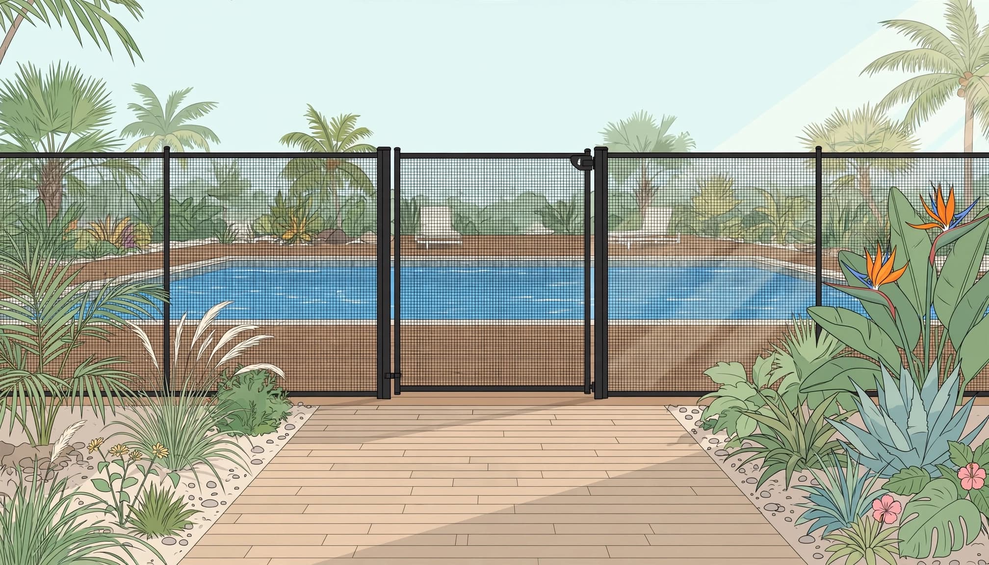 A removable mesh gate beside composite pool decks, with a clear walking route to the pool.