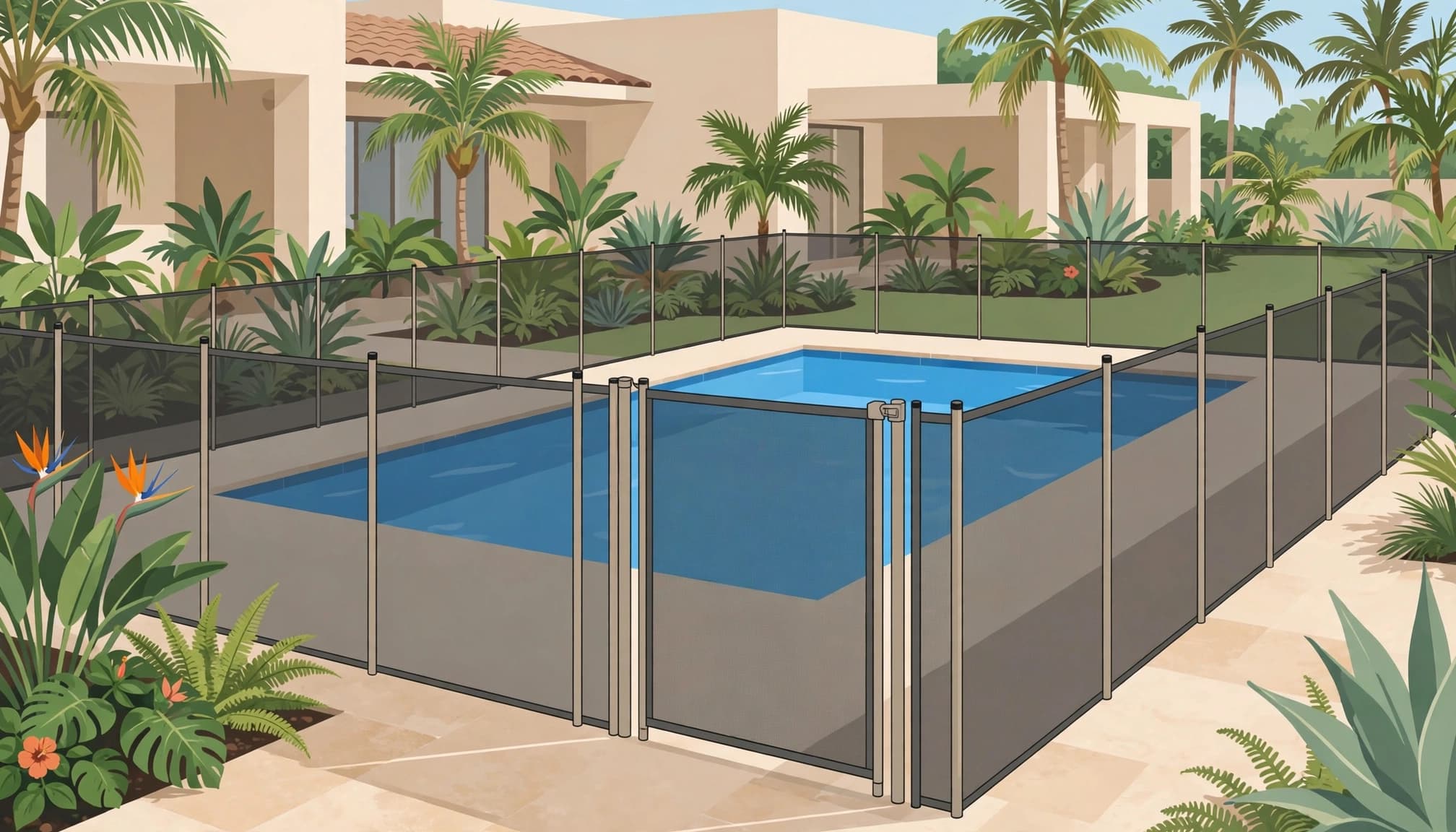 Pool fence vs pool alarm comparison showing a removable mesh barrier around a backyard pool.
